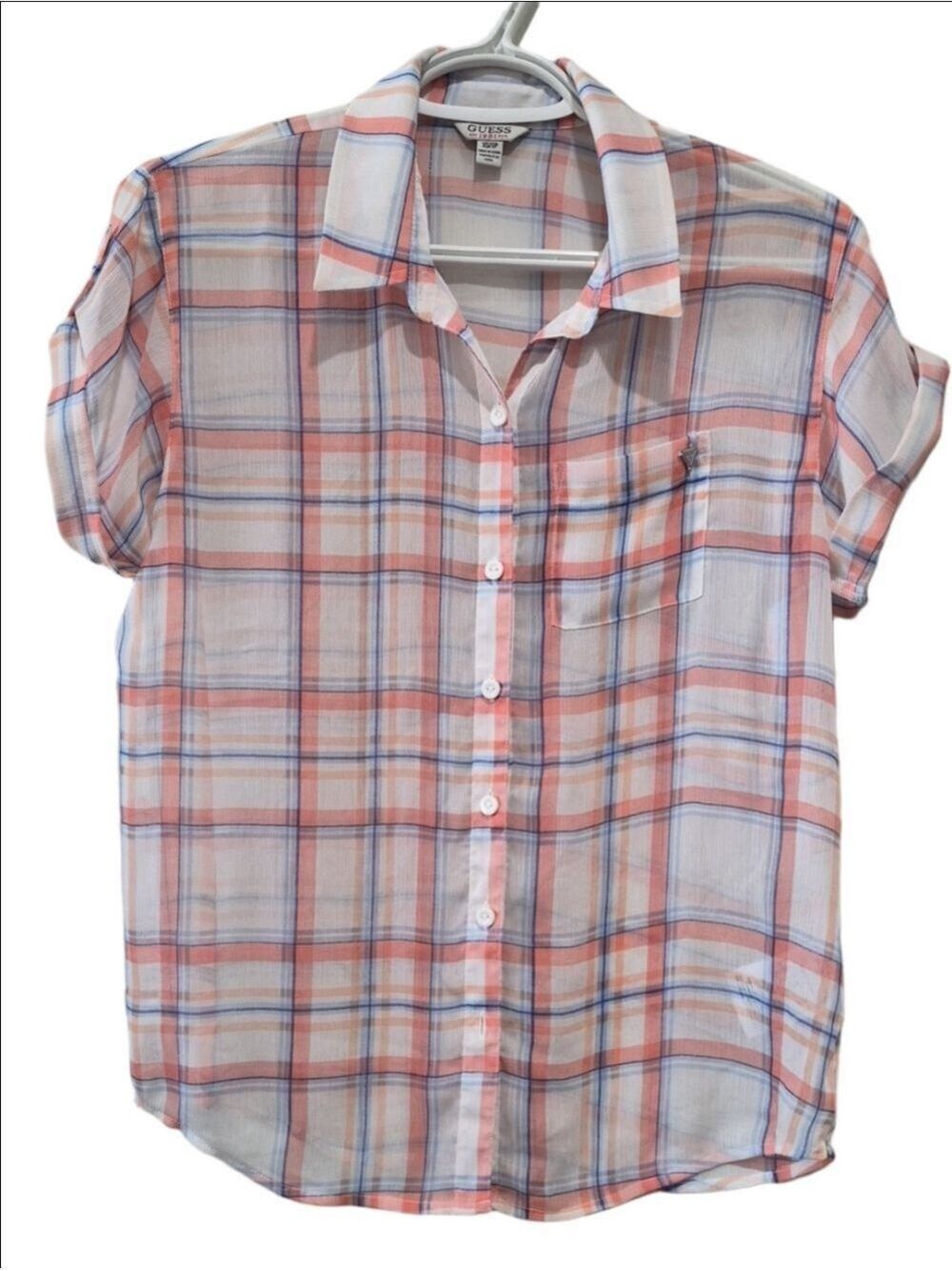 GUESS  Sheer Plaid Button-Down Short Sleeve Top Blouse - Coral/Blue - Size XS